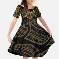 Black and Gold Polynesia Kid Short Sleeve Dress Plumeria Tattoo With Polynesian Pattern