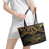 Black and Gold Polynesia Leather Tote Bag Plumeria Tattoo With Polynesian Pattern LT14 - Polynesian Pride