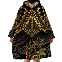 Black and Gold Polynesia Wearable Blanket Hoodie Plumeria Tattoo With Polynesian Pattern LT14 - Polynesian Pride
