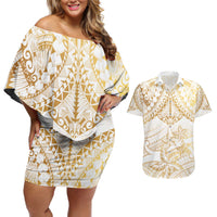 White and Gold Polynesia Couples Matching Off Shoulder Short Dress and Hawaiian Shirt Plumeria Tattoo With Polynesian Pattern LT14 White - Polynesian Pride