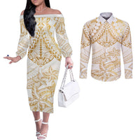 White and Gold Polynesia Couples Matching Off The Shoulder Long Sleeve Dress and Long Sleeve Button Shirt Plumeria Tattoo With Polynesian Pattern LT14 White - Polynesian Pride
