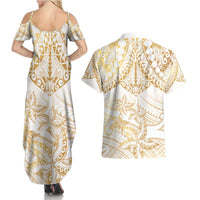 White and Gold Polynesia Couples Matching Summer Maxi Dress and Hawaiian Shirt Plumeria Tattoo With Polynesian Pattern LT14 - Polynesian Pride
