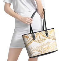 White and Gold Polynesia Leather Tote Bag Plumeria Tattoo With Polynesian Pattern LT14 - Polynesian Pride