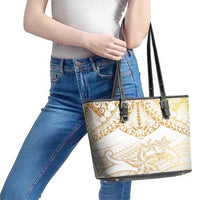 White and Gold Polynesia Leather Tote Bag Plumeria Tattoo With Polynesian Pattern LT14 - Polynesian Pride