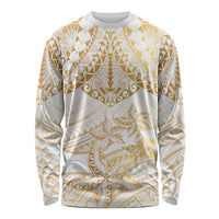 White and Gold Polynesia Long Sleeve Shirt Plumeria Tattoo With Polynesian Pattern
