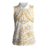 White and Gold Polynesia Women Sleeveless Polo Shirt Plumeria Tattoo With Polynesian Pattern
