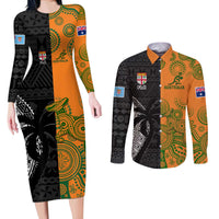 Custom Fiji And Australia Rugby Couples Matching Long Sleeve Bodycon Dress and Long Sleeve Button Shirt Fijian Tapa Pattern With Aussie Aboriginal Art