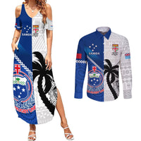 Fiji And Samoa Rugby Couples Matching Summer Maxi Dress and Long Sleeve Button Shirts 2023 World Cup Samoan Mix Tapa Pattern LT14 Blue - Polynesian Pride