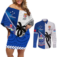 Custom Fiji And Samoa Rugby Couples Matching Off Shoulder Short Dress and Long Sleeve Button Shirts 2023 World Cup Samoan Mix Tapa Pattern LT14 Blue - Polynesian Pride
