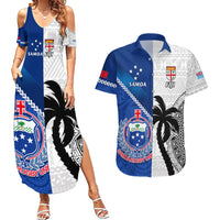 Custom Fiji And Samoa Rugby Couples Matching Summer Maxi Dress and Hawaiian Shirt 2023 World Cup Samoan Mix Tapa Pattern LT14 Blue - Polynesian Pride