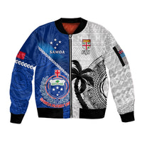 Custom Fiji And Samoa Rugby Sleeve Zip Bomber Jacket 2023 World Cup Samoan Mix Tapa Pattern LT14 Unisex Blue - Polynesian Pride