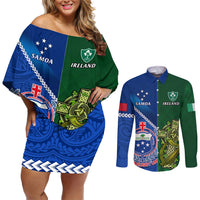 Custom Samoa And Ireland Rugby Couples Matching Off Shoulder Short Dress and Long Sleeve Button Shirts 2023 World Cup Manu Samoa With Shamrocks LT14 Blue - Polynesian Pride