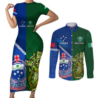 Custom Samoa And Ireland Rugby Couples Matching Short Sleeve Bodycon Dress and Long Sleeve Button Shirts 2023 World Cup Manu Samoa With Shamrocks LT14 Blue - Polynesian Pride