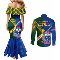Samoa And South Africa Rugby Couples Matching Mermaid Dress and Long Sleeve Button Shirts 2023 World Cup Manu Samoa With Springboks LT14 - Polynesian Pride