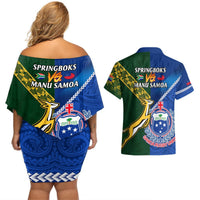 Samoa And South Africa Rugby Couples Matching Off Shoulder Short Dress and Hawaiian Shirt 2023 World Cup Manu Samoa With Springboks LT14 - Polynesian Pride