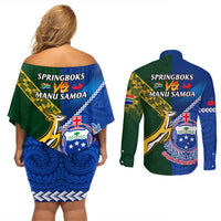 Samoa And South Africa Rugby Couples Matching Off Shoulder Short Dress and Long Sleeve Button Shirts 2023 World Cup Manu Samoa With Springboks LT14 - Polynesian Pride