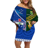 Samoa And South Africa Rugby Off Shoulder Short Dress 2023 World Cup Manu Samoa With Springboks LT14 Women Blue - Polynesian Pride