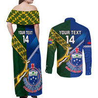 Custom Samoa And South Africa Rugby Couples Matching Off Shoulder Maxi Dress and Long Sleeve Button Shirts 2023 World Cup Manu Samoa With Springboks LT14 - Polynesian Pride