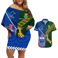 Custom Samoa And South Africa Rugby Couples Matching Off Shoulder Short Dress and Hawaiian Shirt 2023 World Cup Manu Samoa With Springboks LT14 Blue - Polynesian Pride