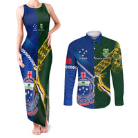 Custom Samoa And South Africa Rugby Couples Matching Tank Maxi Dress and Long Sleeve Button Shirts 2023 World Cup Manu Samoa With Springboks LT14 Blue - Polynesian Pride