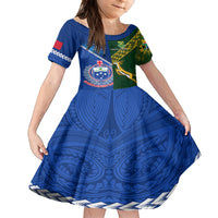 Custom Samoa And South Africa Rugby Kid Short Sleeve Dress 2023 World Cup Manu Samoa With Springboks LT14 KID Blue - Polynesian Pride