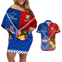 Samoa And Tonga Rugby Couples Matching Off Shoulder Short Dress and Hawaiian Shirt 2023 World Cup Manu Samoa With Ikale Tahi LT14 Blue - Polynesian Pride