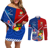 Samoa And Tonga Rugby Couples Matching Off Shoulder Short Dress and Long Sleeve Button Shirts 2023 World Cup Manu Samoa With Ikale Tahi LT14 Blue - Polynesian Pride