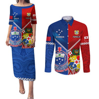Samoa And Tonga Rugby Couples Matching Puletasi Dress and Long Sleeve Button Shirts 2023 World Cup Manu Samoa With Ikale Tahi LT14 Blue - Polynesian Pride