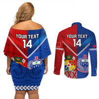 Custom Samoa And Tonga Rugby Couples Matching Off Shoulder Short Dress and Long Sleeve Button Shirts 2023 World Cup Manu Samoa With Ikale Tahi LT14 - Polynesian Pride