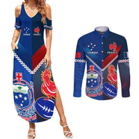 Samoa And France Rugby Couples Matching Summer Maxi Dress and Long Sleeve Button Shirts 2023 World Cup Manu Samoa With Les Bleus LT14 Blue - Polynesian Pride