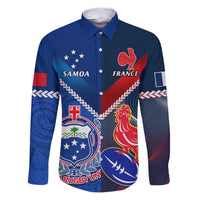 Samoa And France Rugby Family Matching Puletasi Dress and Hawaiian Shirt 2023 World Cup Manu Samoa With Les Bleus LT14 Dad's Shirt - Long Sleeve Blue - Polynesian Pride