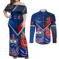 Custom Samoa And France Rugby Couples Matching Off Shoulder Maxi Dress and Long Sleeve Button Shirts 2023 World Cup Manu Samoa With Les Bleus LT14 Blue - Polynesian Pride