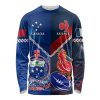 Custom Samoa And France Rugby Long Sleeve Shirt 2023 World Cup Manu Samoa With Les Bleus LT14 Unisex Blue - Polynesian Pride