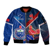 Custom Samoa And France Rugby Sleeve Zip Bomber Jacket 2023 World Cup Manu Samoa With Les Bleus LT14 Unisex Blue - Polynesian Pride