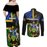South Sea Islanders Couples Matching Off Shoulder Maxi Dress and Long Sleeve Button Shirts Kanakas With Solomon Islands Coat Of Arms LT14 - Polynesian Pride