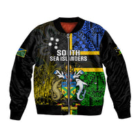 South Sea Islanders Sleeve Zip Bomber Jacket Kanakas With Solomon Islands Coat Of Arms LT14 Unisex Black - Polynesian Pride