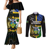 Personalised South Sea Islanders Couples Matching Mermaid Dress and Long Sleeve Button Shirts Kanakas With Solomon Islands Coat Of Arms LT14 Black - Polynesian Pride