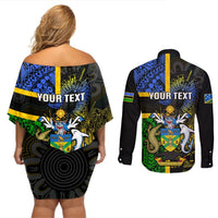 Personalised South Sea Islanders Couples Matching Off Shoulder Short Dress and Long Sleeve Button Shirts Kanakas With Solomon Islands Coat Of Arms LT14 - Polynesian Pride