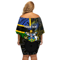 Personalised South Sea Islanders Off Shoulder Short Dress Kanakas With Solomon Islands Coat Of Arms LT14 - Polynesian Pride