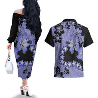 Purple Hawaii Couples Matching Off The Shoulder Long Sleeve Dress and Hawaiian Shirt Tapa Cloth Mix Tropical Flowers Pastel Vibes LT14 - Polynesian Pride