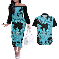 Blue Hawaii Couples Matching Off The Shoulder Long Sleeve Dress and Hawaiian Shirt Tapa Cloth Mix Tropical Flowers Pastel Vibes LT14 Blue - Polynesian Pride