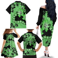 Green Hawaii Family Matching Off Shoulder Long Sleeve Dress and Hawaiian Shirt Tapa Cloth Mix Tropical Flowers Pastel Vibes LT14 - Polynesian Pride