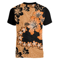Orange Hawaii Women V Neck T Shirt Tapa Cloth Mix Tropical Flowers Pastel Vibes LT14 - Polynesian Pride