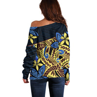 Polynesia Fabric Off Shoulder Sweater Polynesian Tribal With Frangipani Flowers LT14 - Polynesian Pride