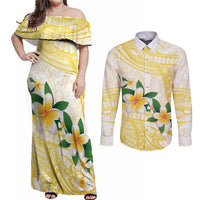 Gold And White Polynesia Plumeria Couples Matching Off Shoulder Maxi Dress and Long Sleeve Button Shirt Curves Tropical Vibes LT14 Gold - Polynesian Pride