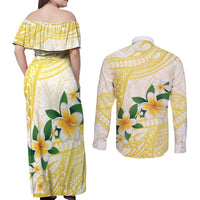 Gold And White Polynesia Plumeria Couples Matching Off Shoulder Maxi Dress and Long Sleeve Button Shirt Curves Tropical Vibes LT14 - Polynesian Pride