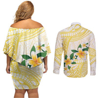 Gold And White Polynesia Plumeria Couples Matching Off Shoulder Short Dress and Long Sleeve Button Shirt Curves Tropical Vibes LT14 - Polynesian Pride
