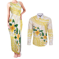 Gold And White Polynesia Plumeria Couples Matching Tank Maxi Dress and Long Sleeve Button Shirt Curves Tropical Vibes LT14 Gold - Polynesian Pride