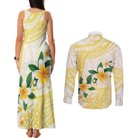 Gold And White Polynesia Plumeria Couples Matching Tank Maxi Dress and Long Sleeve Button Shirt Curves Tropical Vibes LT14 - Polynesian Pride