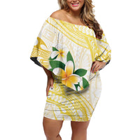 Gold And White Polynesia Plumeria Family Matching Off Shoulder Short Dress and Hawaiian Shirt Curves Tropical Vibes